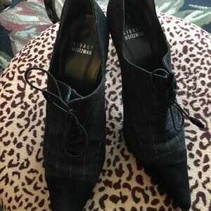 Stuart Weizman Grey Flannel Stripe w/Black Suede Lace up Stiletto